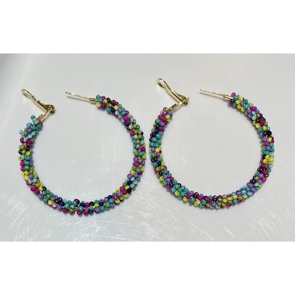 Sead Bead Textured Hoop Womens Earrings 2in Multi Colored Rainbow Kidcore - Picture 3 of 6